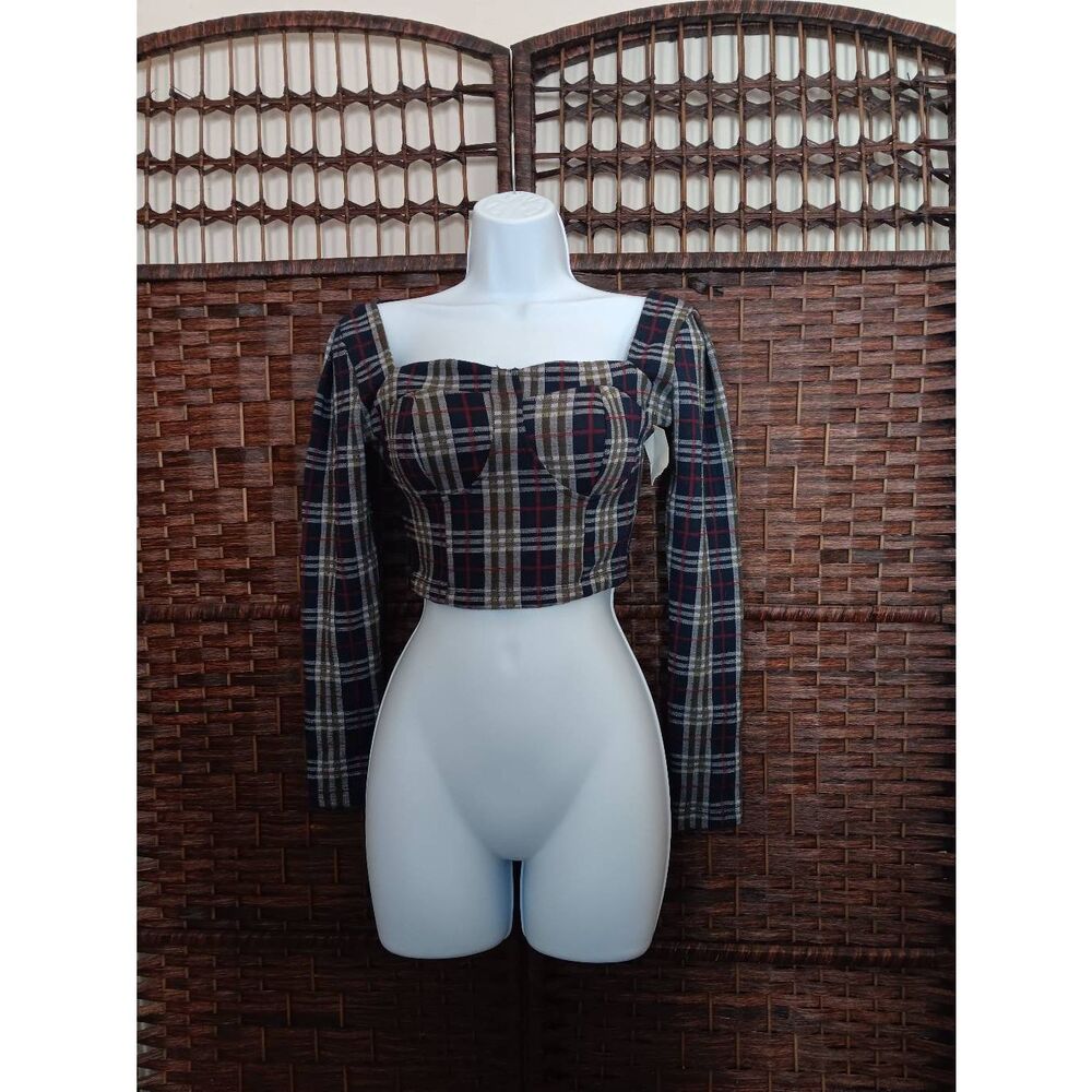 Free People Plaid Bustier Long Sleeve Crop Top